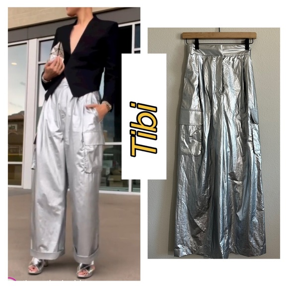 Tibi Pants - Tibi Wide Leg Pants
Metallic & Silver
Cropped with High-Rise